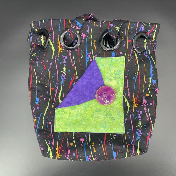 Hand Crafted Bucket Tote Bag Black w/Neon Paint Splatter Soft Fabric Artsy Boho - Picture 5 of 9